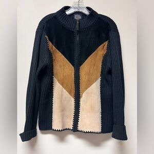 VTG Designers Studio Patchwork Suede Leather Zip Up Sweater Jacket Women’s Large